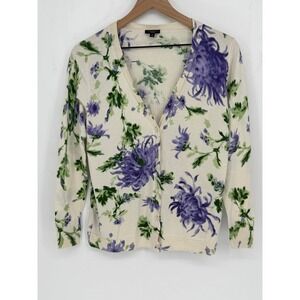 Talbots Cardigan Sz M Petite Cream Purple Floral Silk Cotton Grandmacore Spring